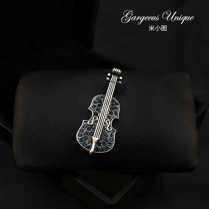 887 Exquisite Violin Brooch Full Diamond Instrument Pin Men's and Women's Suit Elegant Accessories