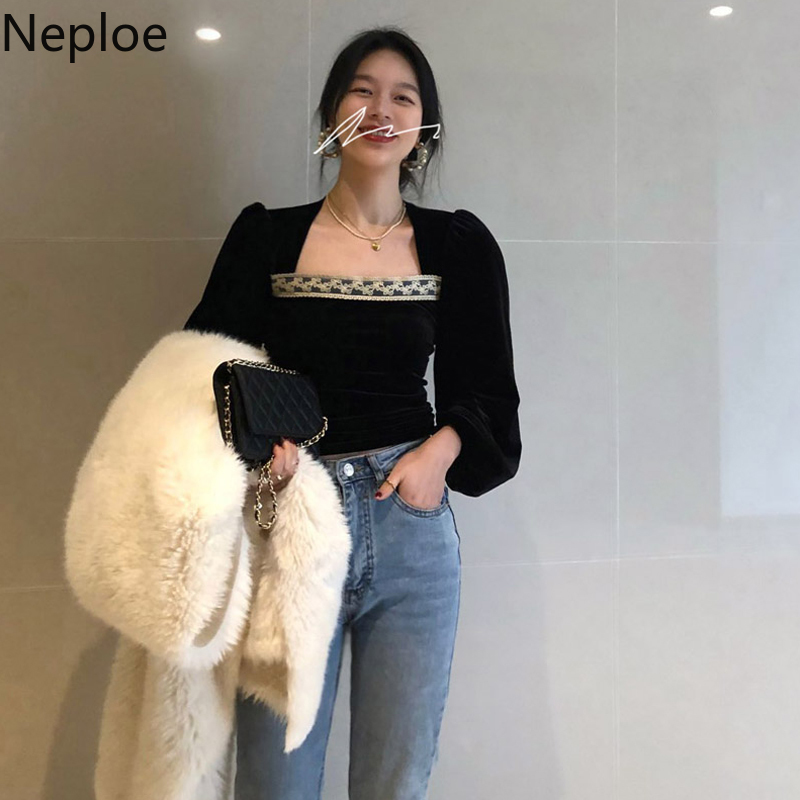 Neploe Black Velvet Women Blouses Lace Patchwork Square Collar Lantern Sleeve Shirts Korean Vintage Elegant Blouse Tops Female 210422