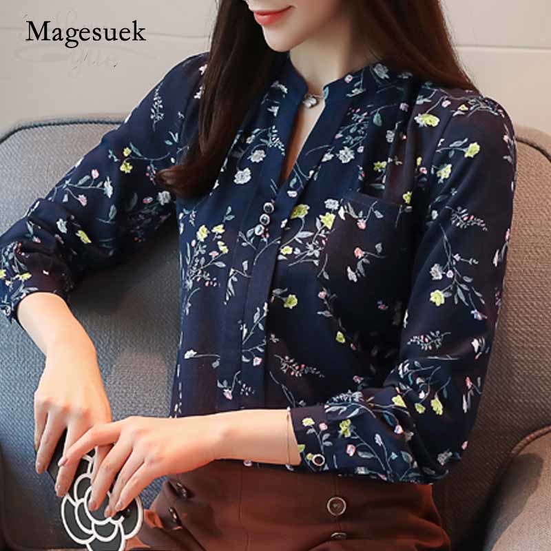 Autumn Long Sleeve Women's Blouses Print Chiffon Tops Fashion V-Neck Women Office Lady Shirt Blusas Mujer Z0001 40 210518
