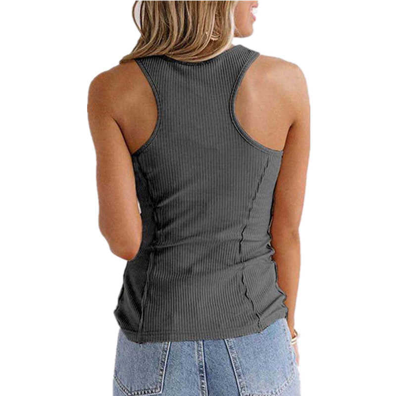 Sleeveless Tank Top Women Summer U-neck Button Woman Casual Ribbed Crop Sexy 90s Female Loose s for Streetwear Black 210604