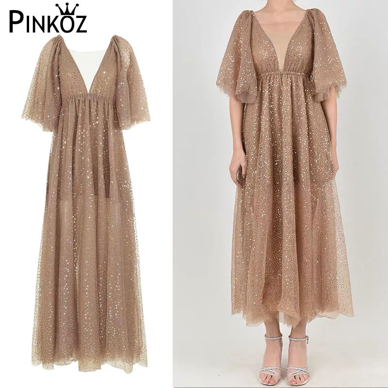 vintage sequined v-neck party A-line mesh dress short butterfly sleeve spring summer dinner dresses vestidos chic paris 210421