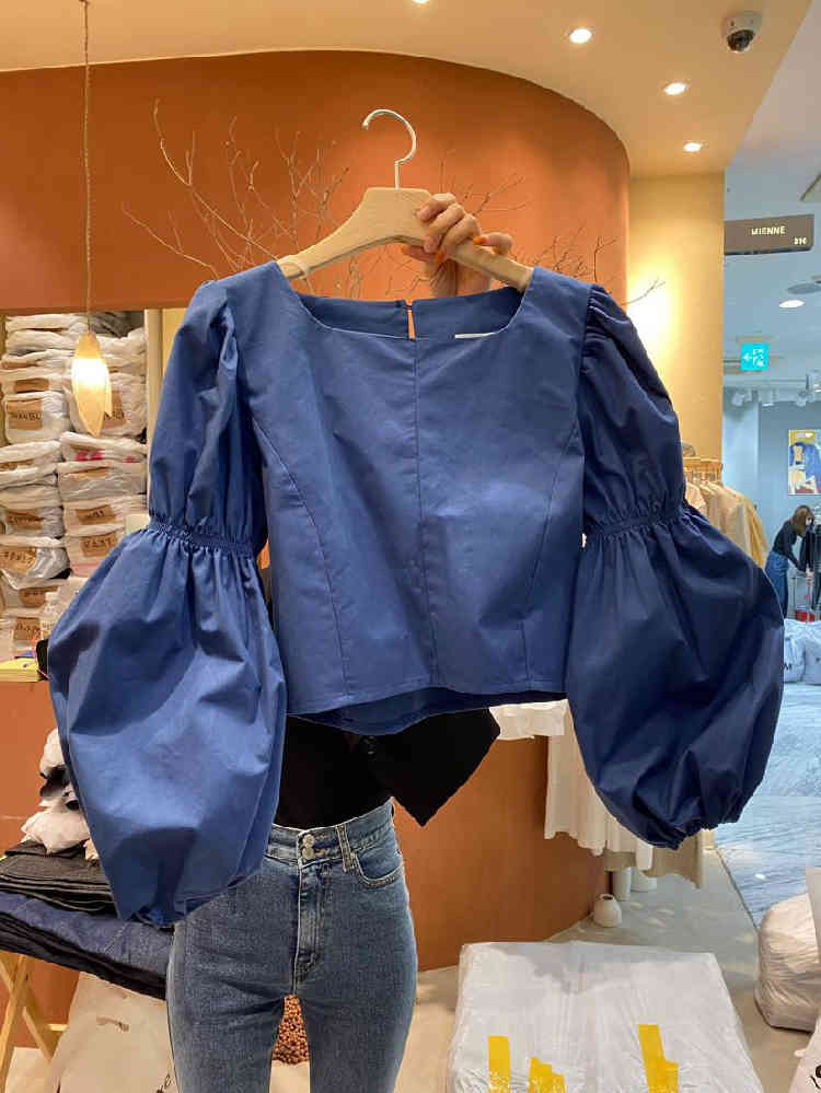 Nomikuma New Square Collar Women Blouse Puff Long Sleeve Korean Short Shirts Autumn Fashion Solid Blusas Feminimos 6C508 210427