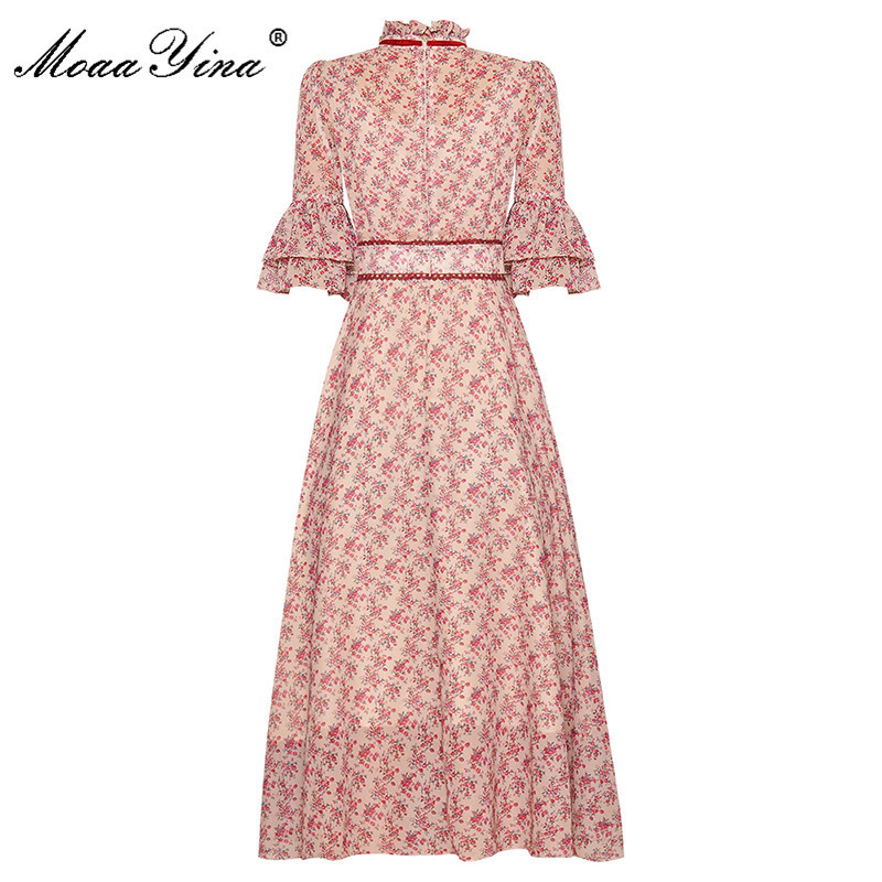 Fashion Runway Female dress Spring Summer Women's Dress Stand collar Ruffles Floral-Print Vacation Dresses 210524