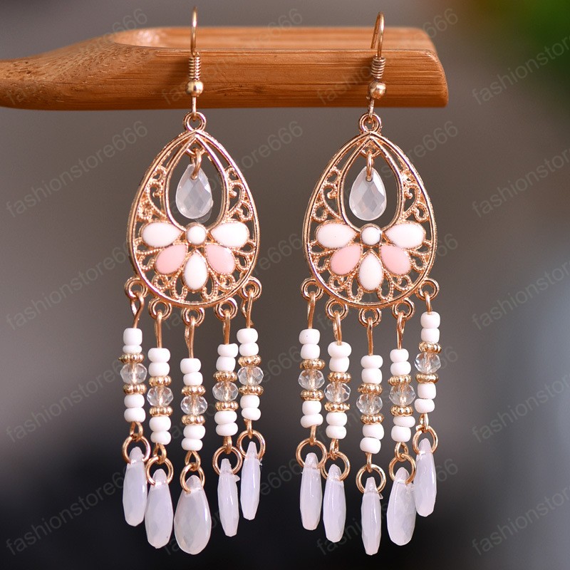 Fashion Bride Wedding Dangle Earrings Colrful Crystal Water Drop Tassel Earring for Women Vintage Flower Bohemian Earring Boho Jewelry