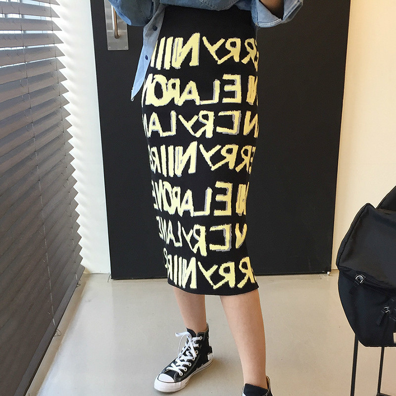 Nomikuma Korean Letters Knitted Skirts Autumn Winter New High Waist Women Sweater Skirt Causal Split Sexy Slim Faldas 6D147 210427