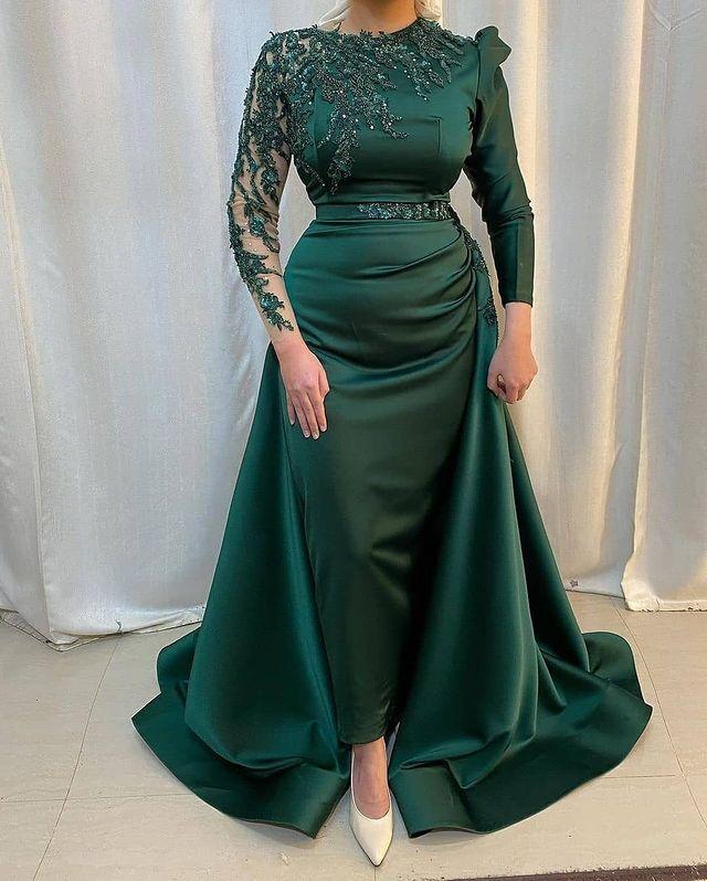Hunter Green Muslim Evening Dresses with Detachabel Train Real Long Sleeve Aso Ebi African Beaded Stain Kaftan Prom Gown