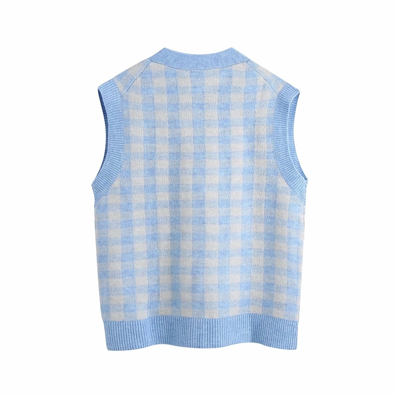 Streetwear Women Blue Plaid Sweater Vest Fashion Ladies V-Neck Knitted Tops Causal Female Chic Pocket Loose Cardigan 210527