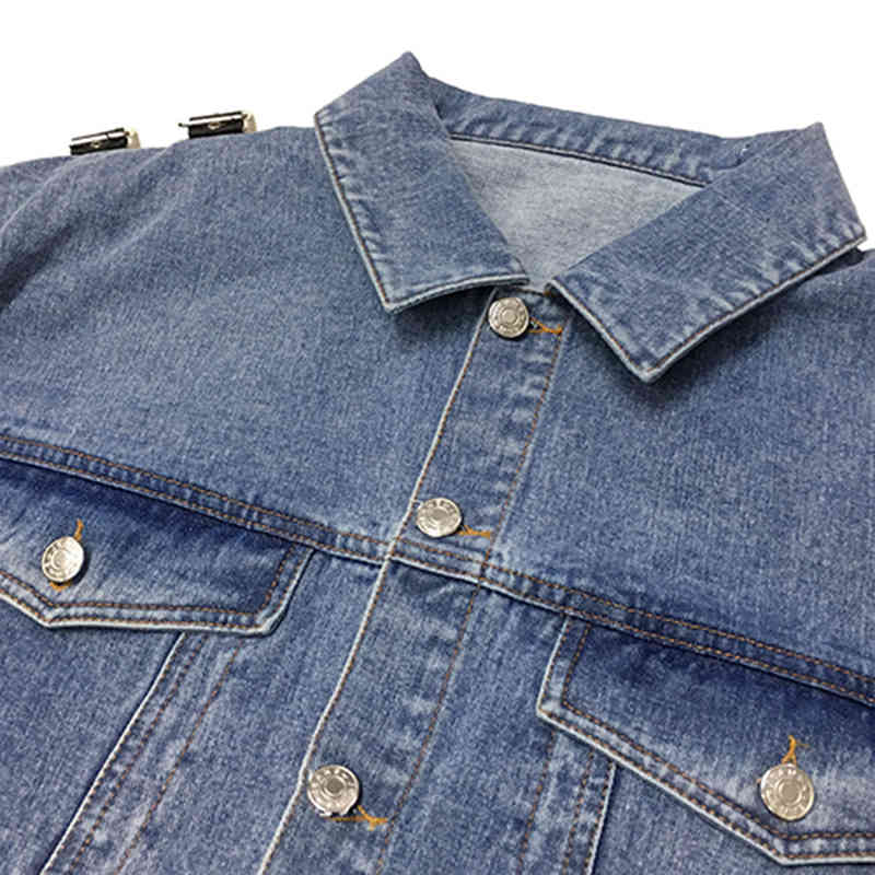 [EAM] Loose Fit Denim Pocket Big Size Asymmetrical Jacket Lapel Long Sleeve Women Coat Fashion Spring Autumn 1DD6382 21512