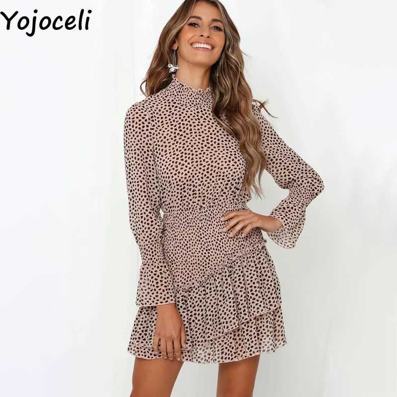 Yojoceli Elegant ruffle print short dres Autumn shirred leopard mini vestidos Casual cool sexy beach daily 210609