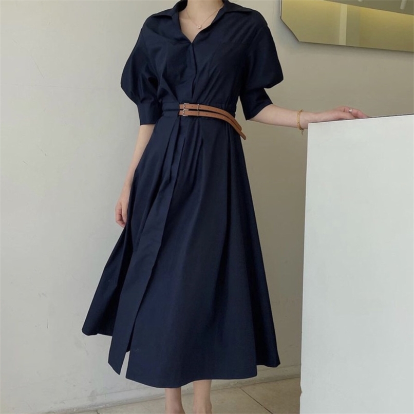 Summer Retro Elegant Ladies Lapel Double Belt Adjustable waist Slimming Solid Puff sleeve Long Dress Female 210602, Navy blue
Summer Retro Elegant Ladies Lapel Double Belt Adjustable waist Slimming Solid Puff sleeve Long Dress Female 210602, Navy blue