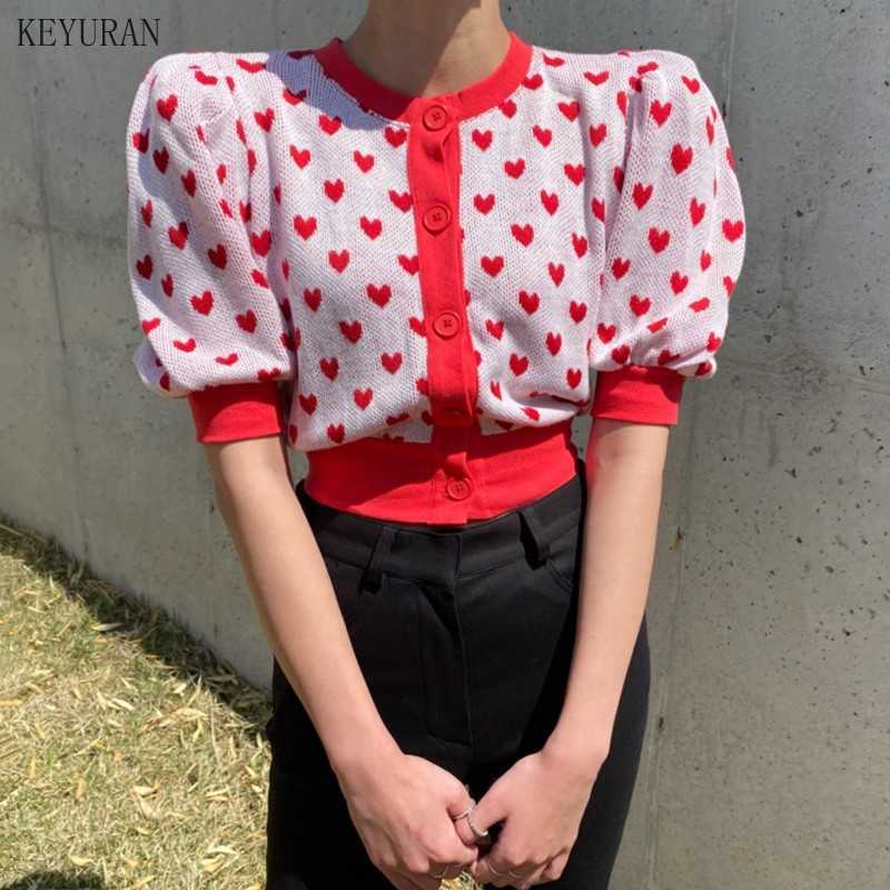 Korean Chic Love Heart Embroidery Cardigan Crop Top Knitted Hit Color Coat Summer Puff Short Sleeve O-neck Knitwear 211014
