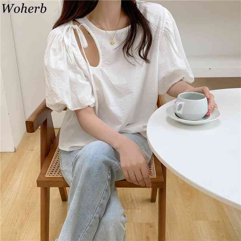 Womens Tops Chic Hollow Out Sexy Blouses O-neck Puff Sleeve Off Shoulder Shirt Loose White Blouse Blusas Mujer Moda 210519