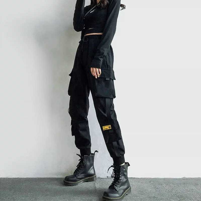Women's Cargo Pants Black Ribbon Pocket Jogger Elastic Waist High Streetwear Harajuku Pant Punk Females Trousers Harem Pants Y0811