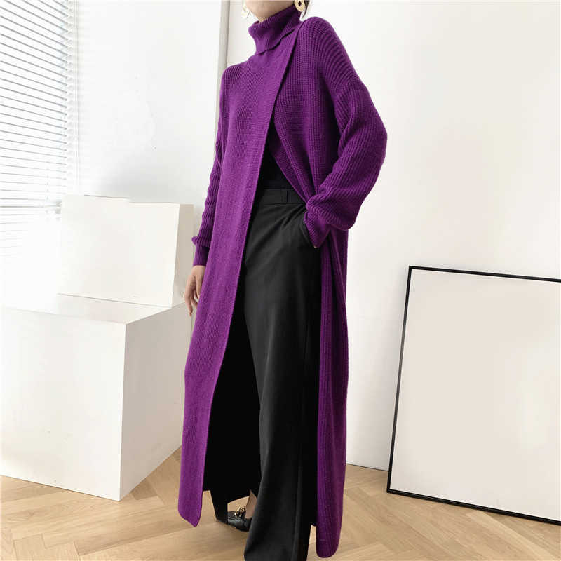 Vent Long Knitting Sweater Loose Fit Turtleneck Sleeve Women Pullovers Fashion Autumn Winter 1DA357 211011Z