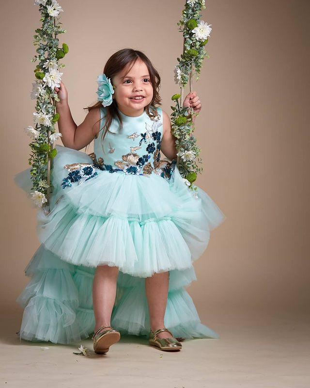 2021 Sky Blue Lace Pink Flower Girl Dresses Ball Gown Hi-Lo Tulle Lilttle Kids Birthday Pageant Weddding Gowns