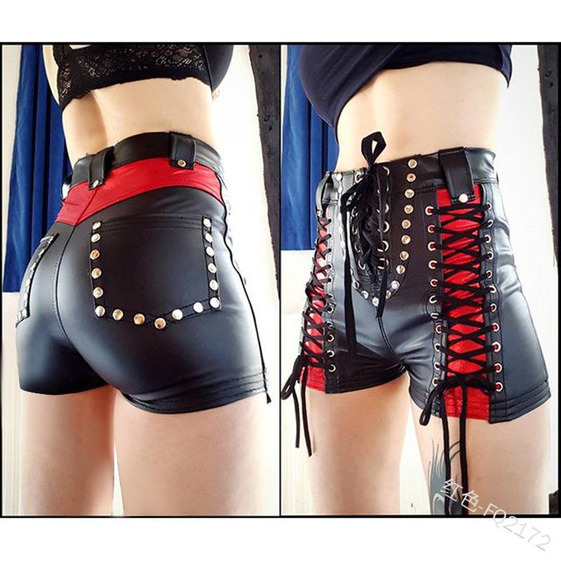 Large Size Short Pants Punk Goth PU Leather Women Sexy Skinny Lace Up Pockets Patchwork High Waist Club Shorts For Girls Women's