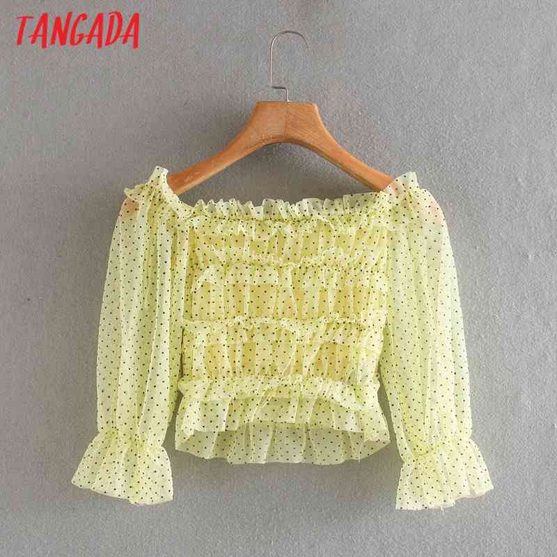 Women Retro Dots Mesh Crop Off Shouder Long Sleeve Summer Chic Female Sexy Slim Shirt Tops 2W91 210416
