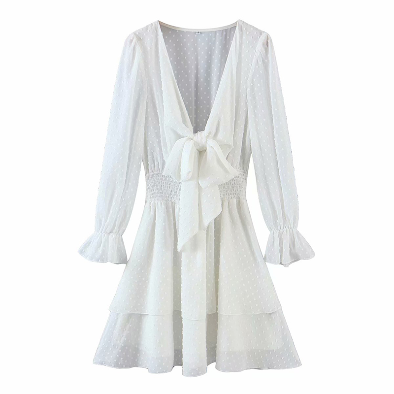 Women White Chiffon Dress Sexy Knot V Neck Long Sleeve Summer Elegant Ladies Elastic Waist A Line Vestido 210430