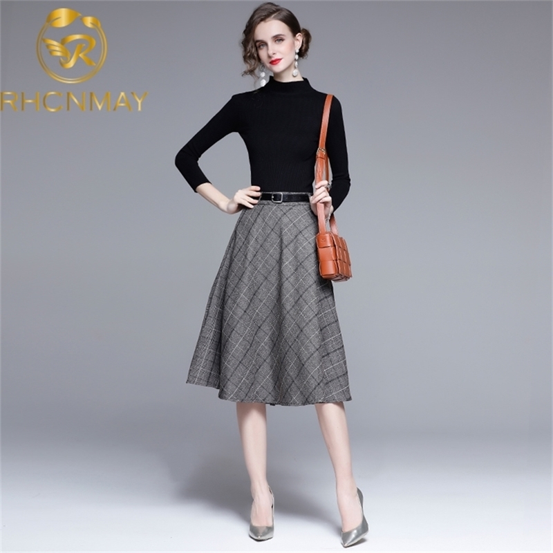 Elegant Women Sweater Top and Plaid Skirt 2 Piece Set fashion Autumn Winter O-Neck Knitted Top+ Lady 210506