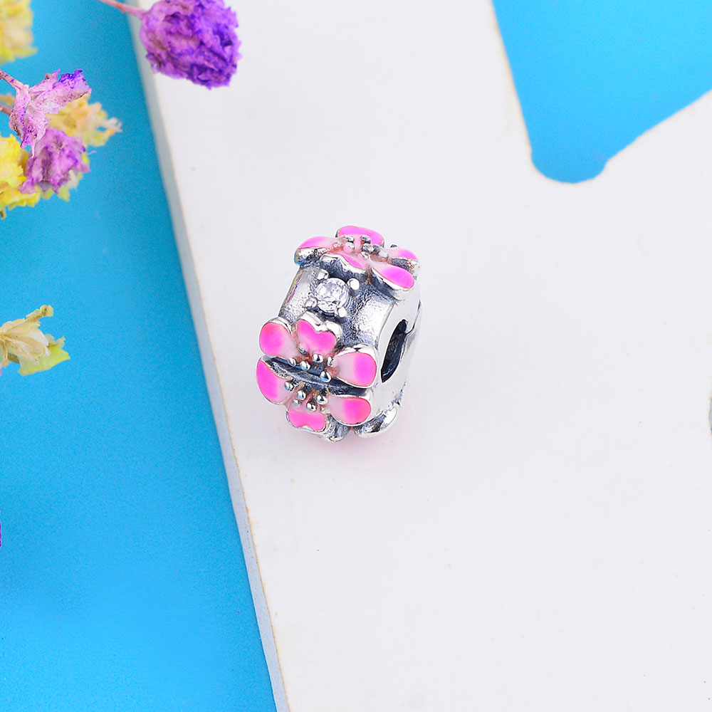 Fit Original Pan Charm Bracelet Authentic 925 Silver Pink Enamel Flower Spacer Bead For Making Women Summer Berloque