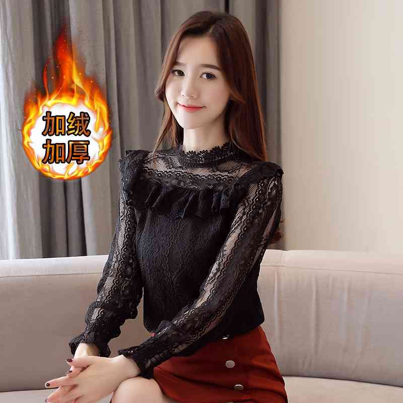 Lace top Spring Korean Fashion Hollow Long Sleeve White shirt Female Ruffled Plus Velvet blouse Shirts 809E 210420
