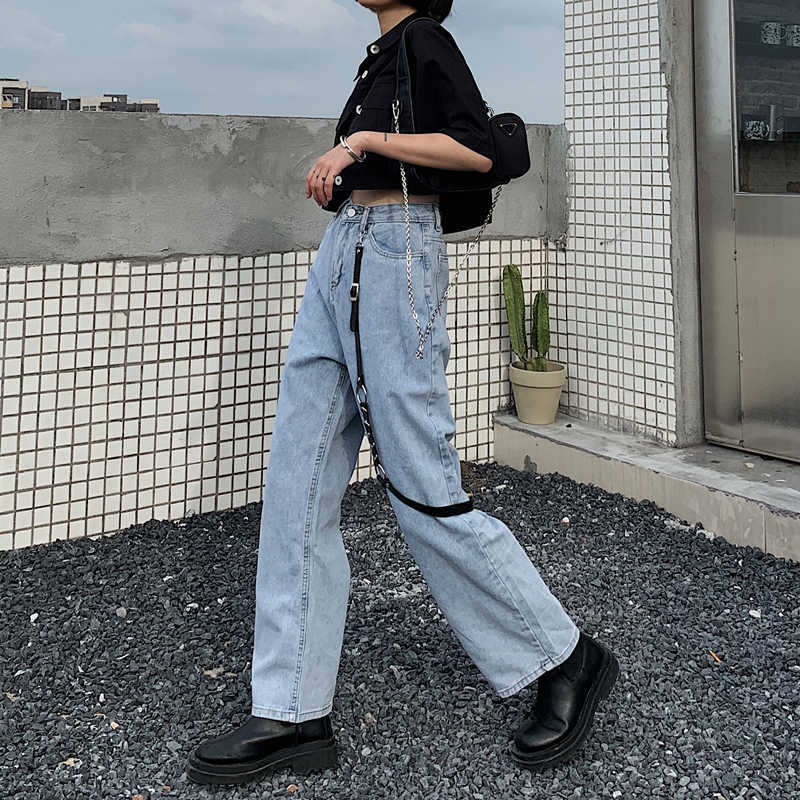 Baggy High Waist Women's Jeans Streetwear Light Colour Straight Pants Harajuku Fashion Denim Trouser Black Leather Buckle 210922