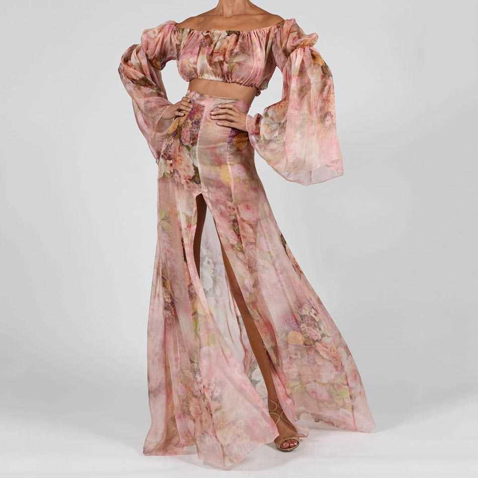 Summer Sexy Print Two-Piece Women'S Off-Shoulder Long Lantern Sleeve Crop Top High Open Skirt Fashion Party Suit 210527