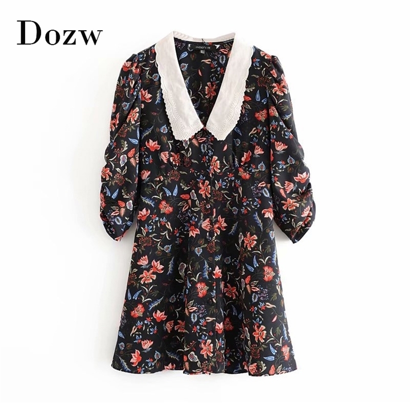 Spring Vintage Mini Dress Women Floral Print Lace Embroidery Collar Elegant es Female Half Sleeve Casual 210515