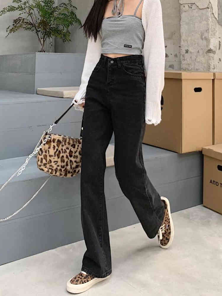 Black Jeans Trousers Women Chic Streetwear High Wide Leg Casual Pants Slim Vintage Denim Women Spring Korean Jeans Female 210521