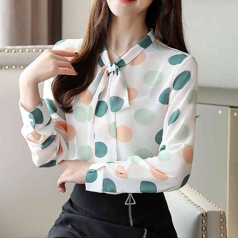 Spring Fashion Women Tops Carrot Color Sweet Dot Blouses Chiffon Long Sleeve Shirt Blusas Mujer De Moda Bow 8364 210518