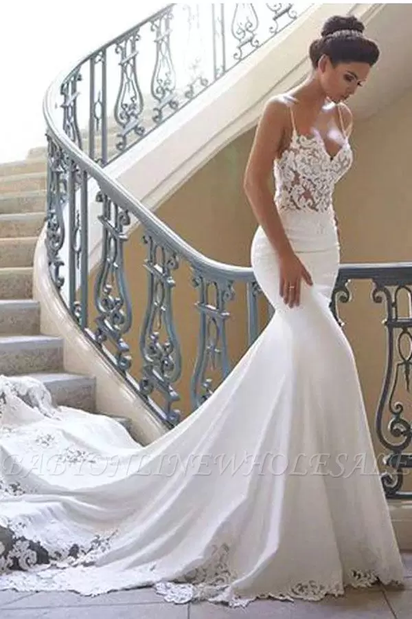 Lace Sexy Appliqued Mermaid Wedding Dresses Vintage Spaghetti Open Back Beach Bohemian Bridal Gown BM Lz0304