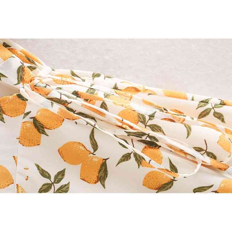 Vintage France V neck Orange Lemon Print Wrap Dress Holiday Woman Tie Bow Waist Short Sleeve Slit Midi Tea Dresses 210429