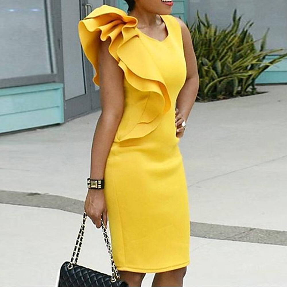 4xl 5xl 6xl Plus Size Dresses For Women Elegant Yellow Ruffles V Neck Bodycon Official Office Work Business Clothes Midi 210510