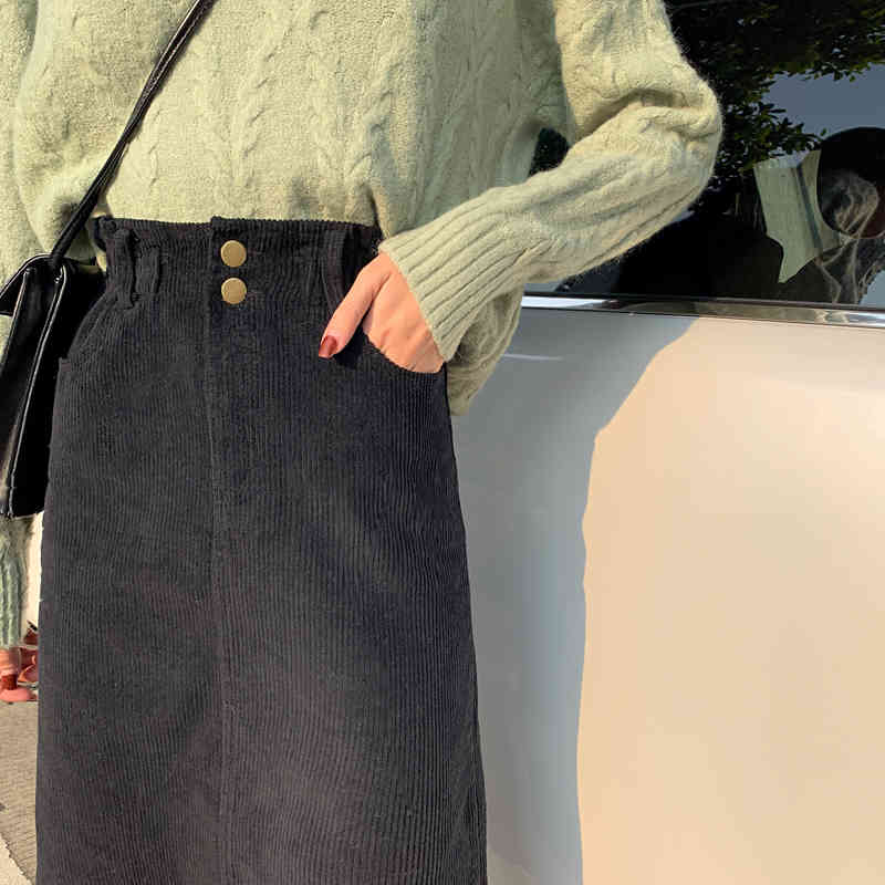 High Waist Midi Corduroy Side Slit Skirt Women A-line Loose Streetwear Skirts Female Pockets Denim Skirts Autumn Winter 210408