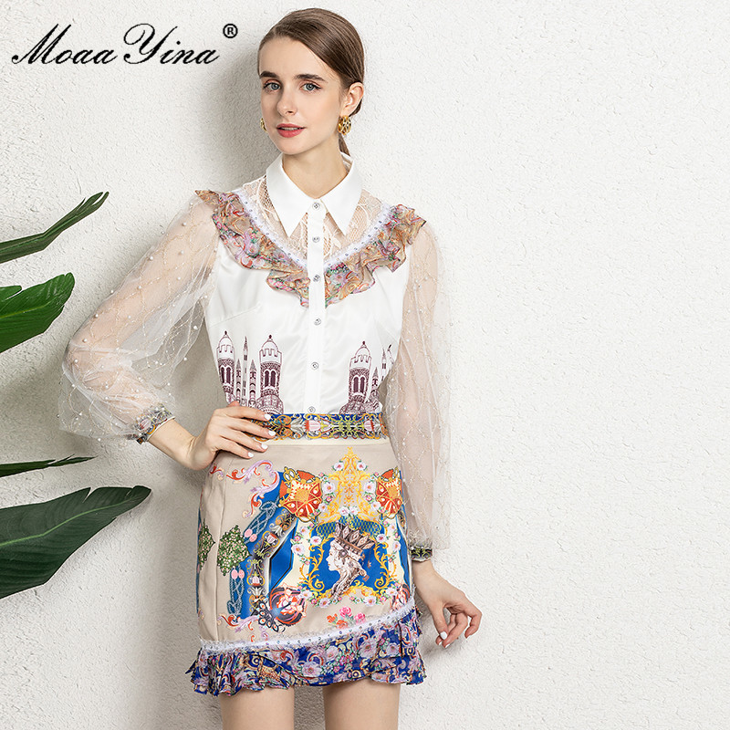 Fashion Runway Summer print Skirts Suit Women White Long sleeve Shirt and High waist Vintage Mini 2 Pieces 210524
