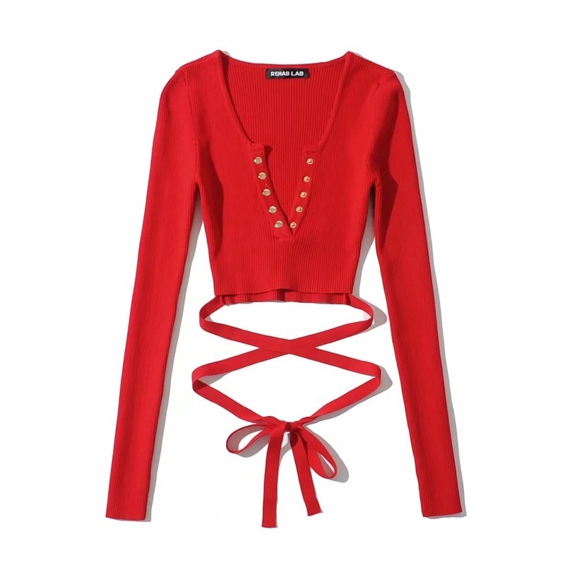 Nomikuma Sexy Bandage Slim Waist Short Knitwear Spring Long Sleeve Buttons V-neck Jumpers Korean Solid Knitted Tops 6E711 210427