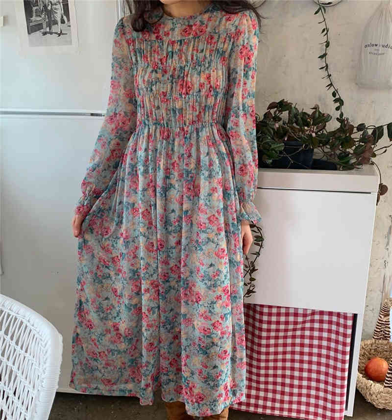 Spring Fashion O-Neck Puff Long Sleeve Floral Chiffon Dress Vintage Women Temperament Casual Elegant Robe 210519