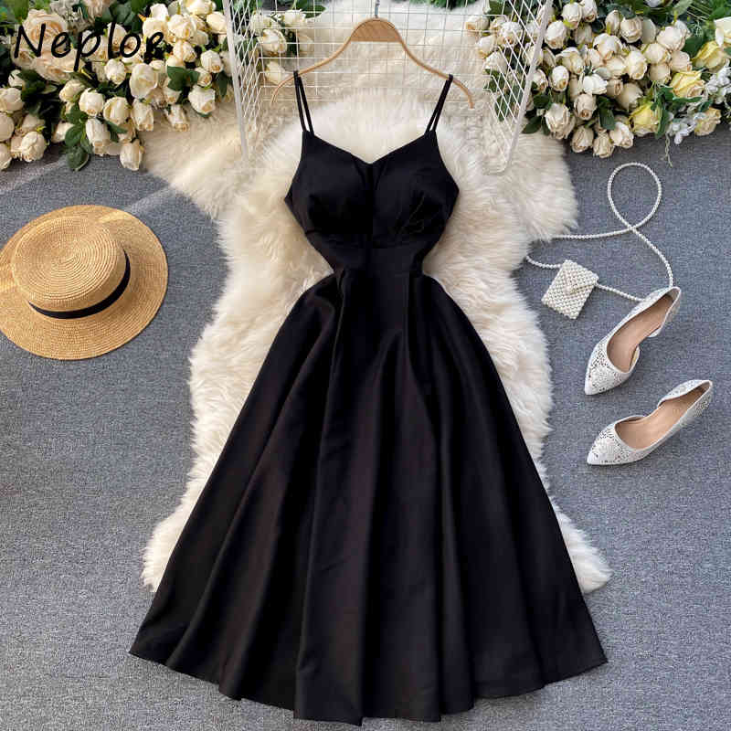 Neploe Sexy Sleeveless Camis Dress Women High Waist Hip A Line Slim Long Vestidos Mujer V Neck Solid Summer Holiday Dresses 210422