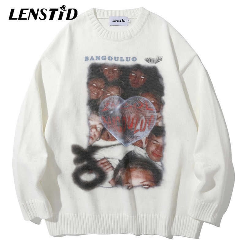 LENSTID Men Hip Hop Knitted Jumper Sweaters People Heart Print Streetwear Harajuku Autumn Oversize Casual Fashion Pullovers 211008