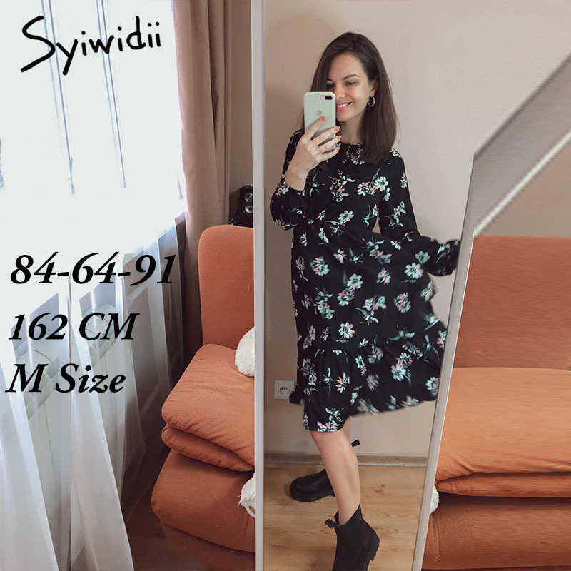 Syiwidii Dress for Women Vintage Floral Print Midi Casual Long Sleeve Spring Summer Empire Plus Size Black Elegant Dresses 210630