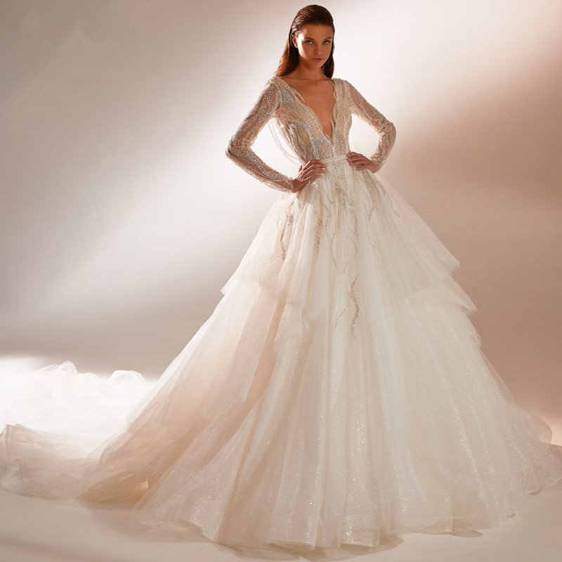 Sexy Deep V Neck Ball Gown Wedding Dresses Beading Sequin Wedding Dress Long Sleeves Appliques Court Train Custom Made Tulle Bridal Dresses Robe De Ma