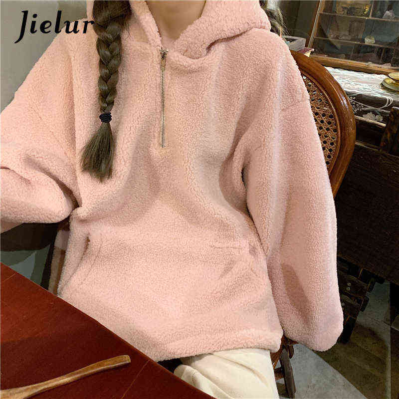 Jielur Lamb Cashmere Winter Women Hoodies Sweatshirt Fashion Warm Pockets Zipper Hooded Apricot Gray Pink Pullover M-XL 211109