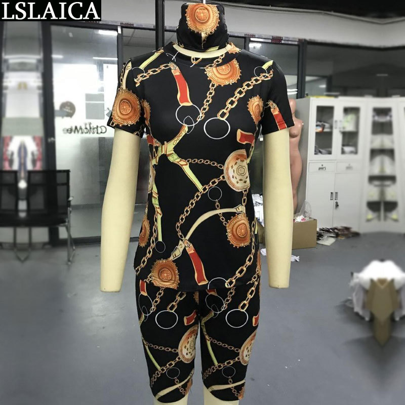 Tracksuit Women Summer Fashion Short Sleeve T-shirt Pants Tracksuits for Chain Print Casual Sets With Mask 210515