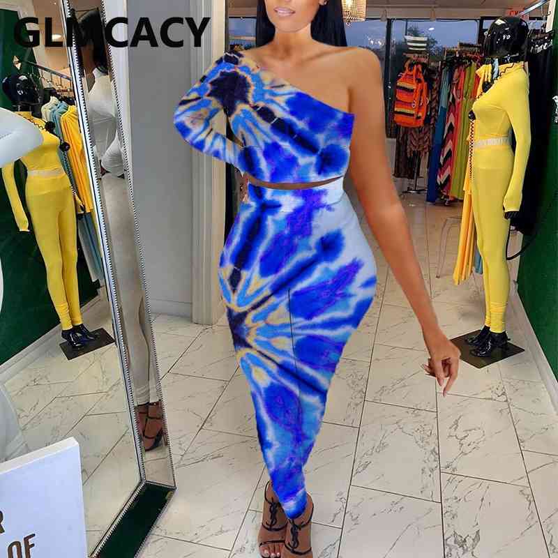 Two Piece Slim Dress Suits One Shoulder Crop Top & Bodycon Maxi Skirt Set 210702
