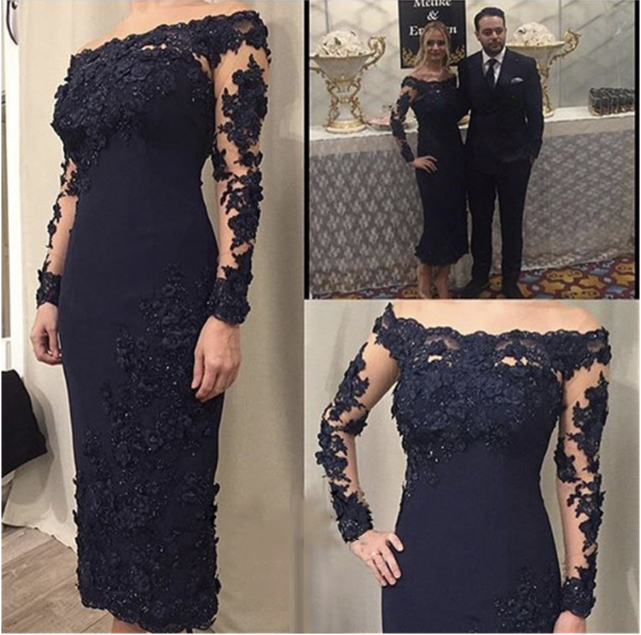Plus Size Mother Of The Bride Dresses Sheath Tea Length Long Sleeves Appliques Beaded Groom Mother Dress For Weddings