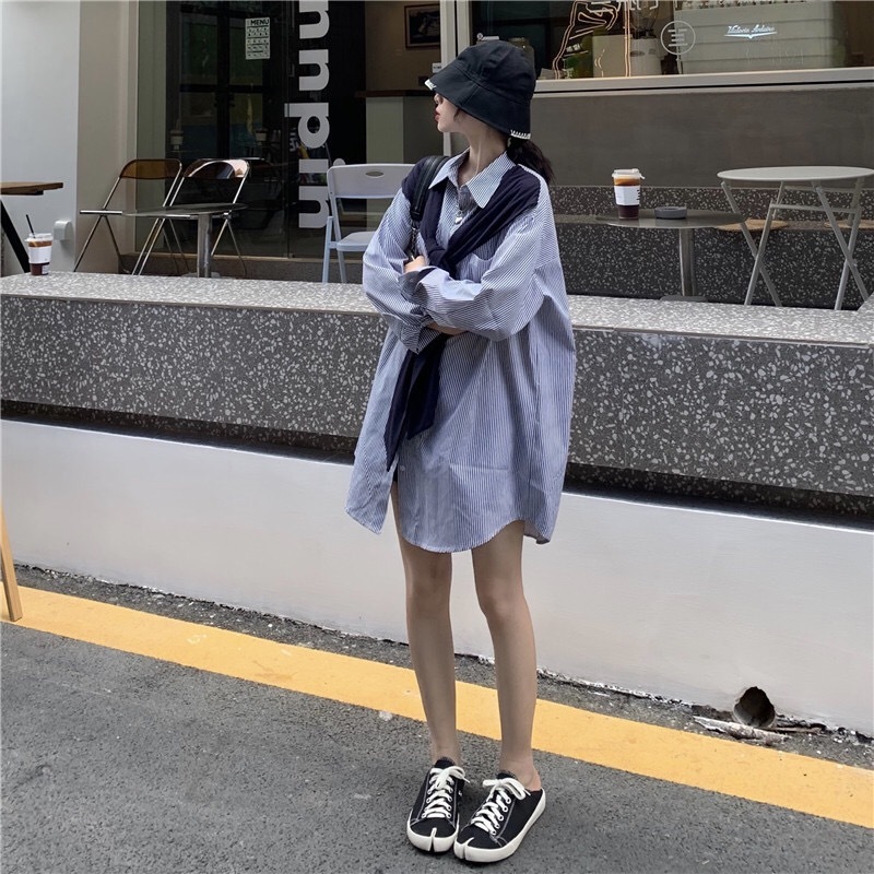 Korea Clothing CHIC False 2 piece Mid Long Striped Oversize Shirt Retro Woman Lapel sleeve Loose Blouse Casual Tops Blousas 210429