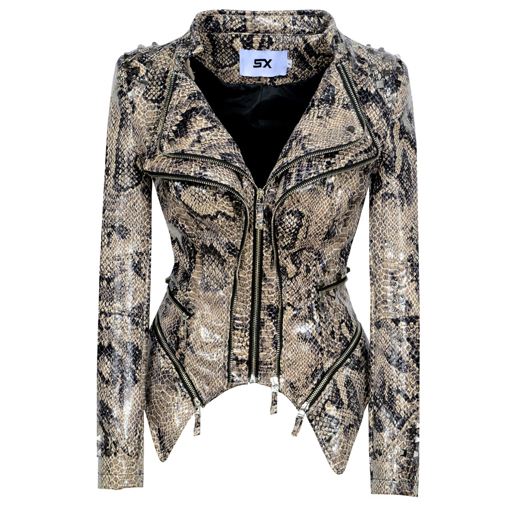 SX 2021 New Fashion Women Smooth Motorcycle faux PU Leather Jacket Lady Long Sleeve slim Biker Streetwear Snake print black Coat
SX 2021 New Fashion Women Smooth Motorcycle faux PU Leather Jacket Lady Long Sleeve slim Biker Streetwear Snake print black Coat