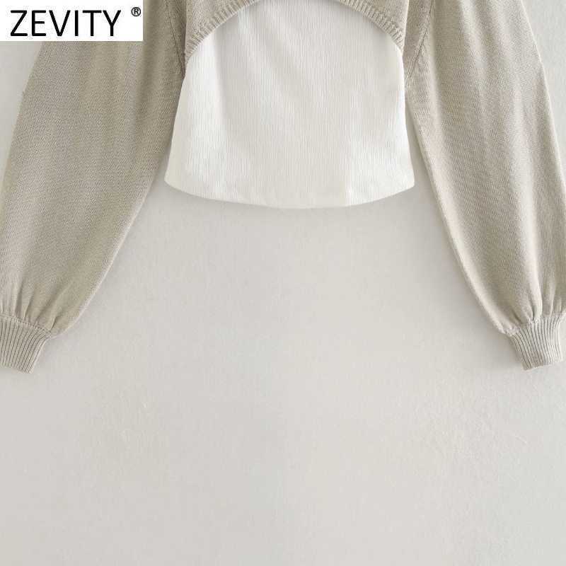Zevity Women Fashion O Neck Two Pieces Patchwork Knitting Sweater Ladies Lantern Sleeve Casual Slim Chic Pullovers Tops S516 210603
