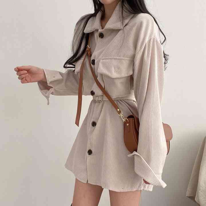 Retro Single-breasted Corduroy Women Mini Dresses Spring Autumn Long Sleeve Turn Down Collar Sexy Short Dress With Belt Pocket 210514