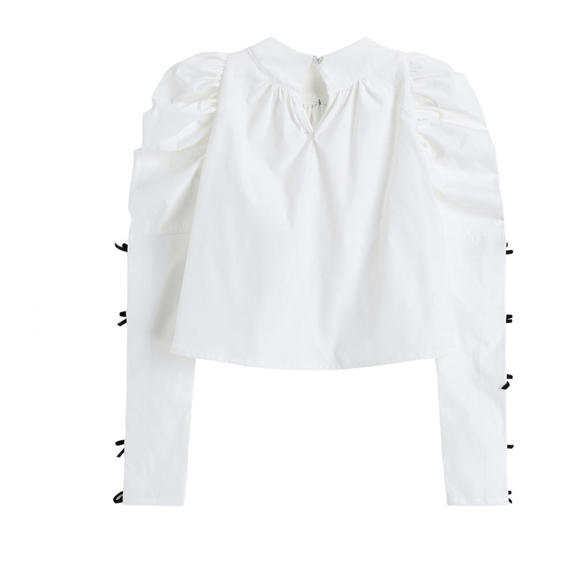 Nomikuma Bowknot Sweet Women Stand Neck Shirt Causal Puff Sleeve Elegant Short Blouse Spring Pullover Blusas New 6E760 210427